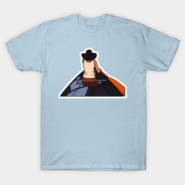 Guy sitting on wooden boat in sea vector illustration. People travelling icon concept. Beautiful views of the sea among the guy design. T-Shirt by AlviStudio